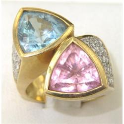 18K Gold Pink Tourmaline, Blue Topaz & Diamond Ring