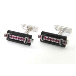 Asprey 18K White Gold, Onyx And Ruby Cufflinks