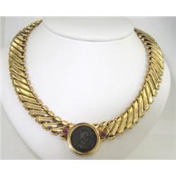 14K Yellow Gold Ancient Coin &  Ruby Necklace
