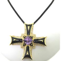 18K Yellow Gold Diamond, Black Enamel,Amethyst Necklace