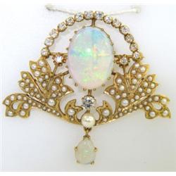 14K Yellow Gold Diamond Pearl Opal Pin from 1940