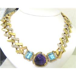 14K Yellow Gold Diamond, Blue Topaz & Amethyst Necklace
