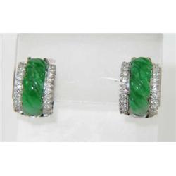 14K White Gold Jade & Diamond Clip Hoop Earrings