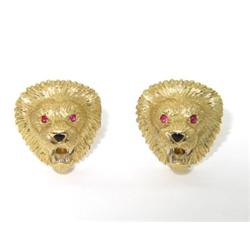 EW&C 18K Yellow Gold, Ruby & Onyx Lion Cufflinks