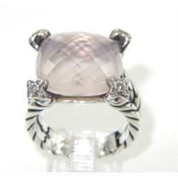 David Yurman Silver Pink Quartz & Diamond Ring.