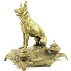 Antique French German Shepard inkwell set