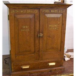 Rare Union Twist Drill Co. oak counter top cabinet