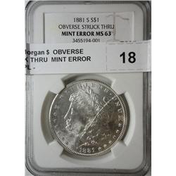 1881S Morgan $  OBVERSE STRUCK THRU  MINT ERROR NGC62PL