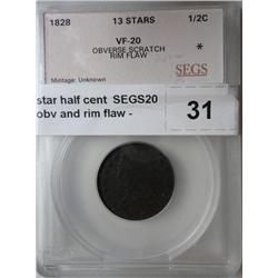 1828 13 star half cent  SEGS20 scratch obv and rim flaw