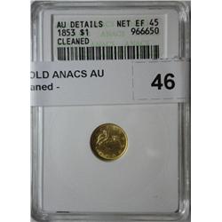 1853 $1 GOLD ANACS AU details cleaned
