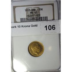 1913  Denmark 10 Krona Gold  NGC63