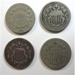 4 scarce date shield nickels; 1866 VG-1870 F/VF-1872 G-1876 Fine