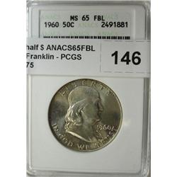 1960 Franklin half $ ANACS65FBL  a very scarce Franklin