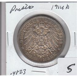 SILVER 1914 A PRUSSIA GERMANY DREI MARK HIGH GRADE