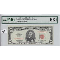 $5 RED SEAL PMG 1963 LEGAL TENDER