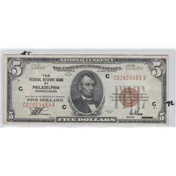 $5 FRBN BROWN SEAL 1929 PHILADELPHIA NATIONAL CURRENCY