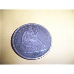 1869 Silver Seated Liberty Silver Half Dollar EF++ or AU