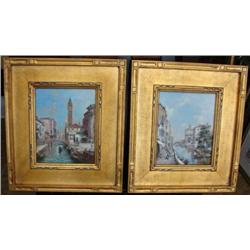 Pair 8 x 10 Oil on Board in Gold Gilt Frame Venetian Sc