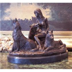 Lovely Bronze Sculpture Woman and Wolves