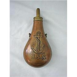 Fine U.S. 1846 brass powder flask marked with anchor ov