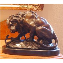 Majestic Bronze Sculpture Fighting Lion & Serpent