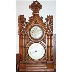 GOTHIC STYLE OAK WALL CLOCK & BAROMETER C.1920