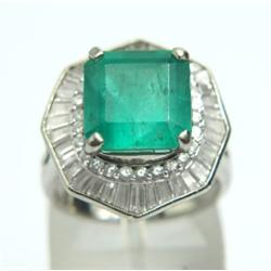 Platinum Emerald & Round/ Baguette Diamond Ring