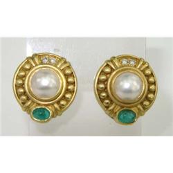 Judith Ripka 18K Gold, Pearl, Diamond, Emerald Earrings