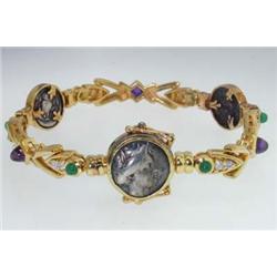 18K Gold Ancient Coin Emerald Amethyst Diamond Bracelet