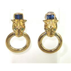 14K Yellow Gold Sapphire & Emerald Earrings