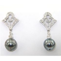 18K White Gold, Diamond & Black Pearl Earrings