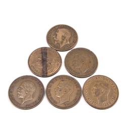 5 Britain One Penny Coins 1920,36,39,46,47 & 48