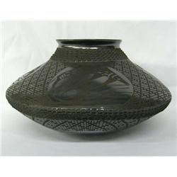 Mata Ortiz Black on Black Fish Pot by Lucie Sote