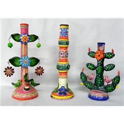 3 Mexican Folk Art Pottery Candlestick Holders