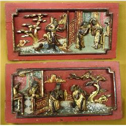 2 Vintage Oriental Carved Wooden Plaques