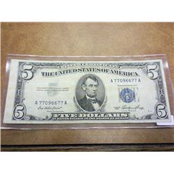 1953 US $5 SILVER CERTIFICATE MISCUT