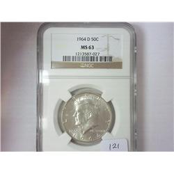 1964-D KENNEDY HALF DOLLAR NGC MS63