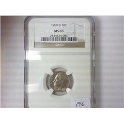 1969-D ROOSEVELT DIME NGC MS65