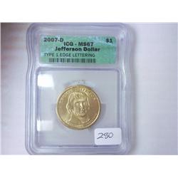 2007-D JEFFERSON DOLLAR ICG MS67
