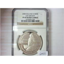 2000 ICELAND LEIF ERICSON SILVER DOLLAR NGC PF69