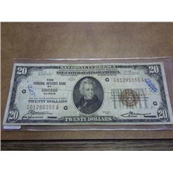 1929 US $20 NATIONAL CURRENCY CHICAGO BROWN SEAL