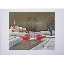 Gerard Lapagesse Naive BRIDGE QUIET RIVER LE Art Print