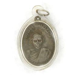 Vintage Thai Silver Clay Monk Amulet in Nickel Pendant Case (ANT-1212)