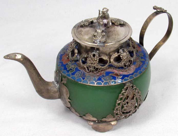 1391 TIBETAN SILVER & JADE TEAPOT W/ MONKEY TOP