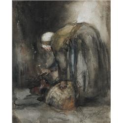 Hannah Clarke Preston McGoun RSW (1867-1913) GRANNY REPLENISHING PEAT FIRE