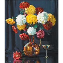 George Collie RHA (1904-1975) STILL LIFE WITH CHRYSANTHEMUMS AND SILVER CUP
