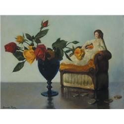 Thomas Ryan PPRHA (b.1929) ROSES AND RECLINING LADY, 1968-9