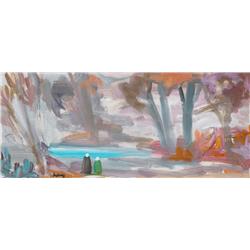 Markey Robinson (1918-1999) TWO SHAWLIES BY A TREE LINED SHORE