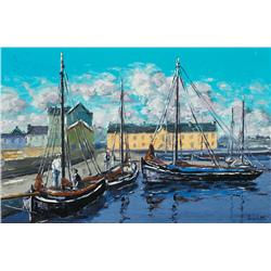 Ivan Sutton (b.1944) GALWAY HOOKERS BERTHED AT KINVARA HARBOUR COUNTY GALWAY