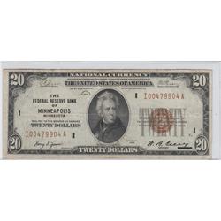 $20 FRBN **MINNEAPOLIS** 1929  BROWN SEAL CURRENCY